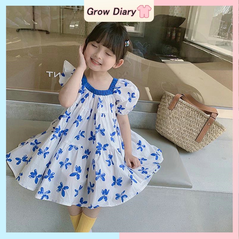 váy cho bé gái Đầm Tay Phồng Cổ Vuông Họa Tiết Bướm Xanh Thời Trang Mùa Hè Cho Bé Gái 1-6 Tuổi