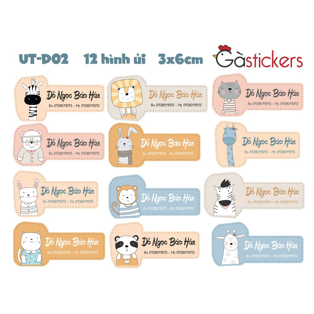 Sticker ủi áo in tên trẻ em GaStickers UT-D02- bộ 12 miếng kích thước 3 x 6 cm