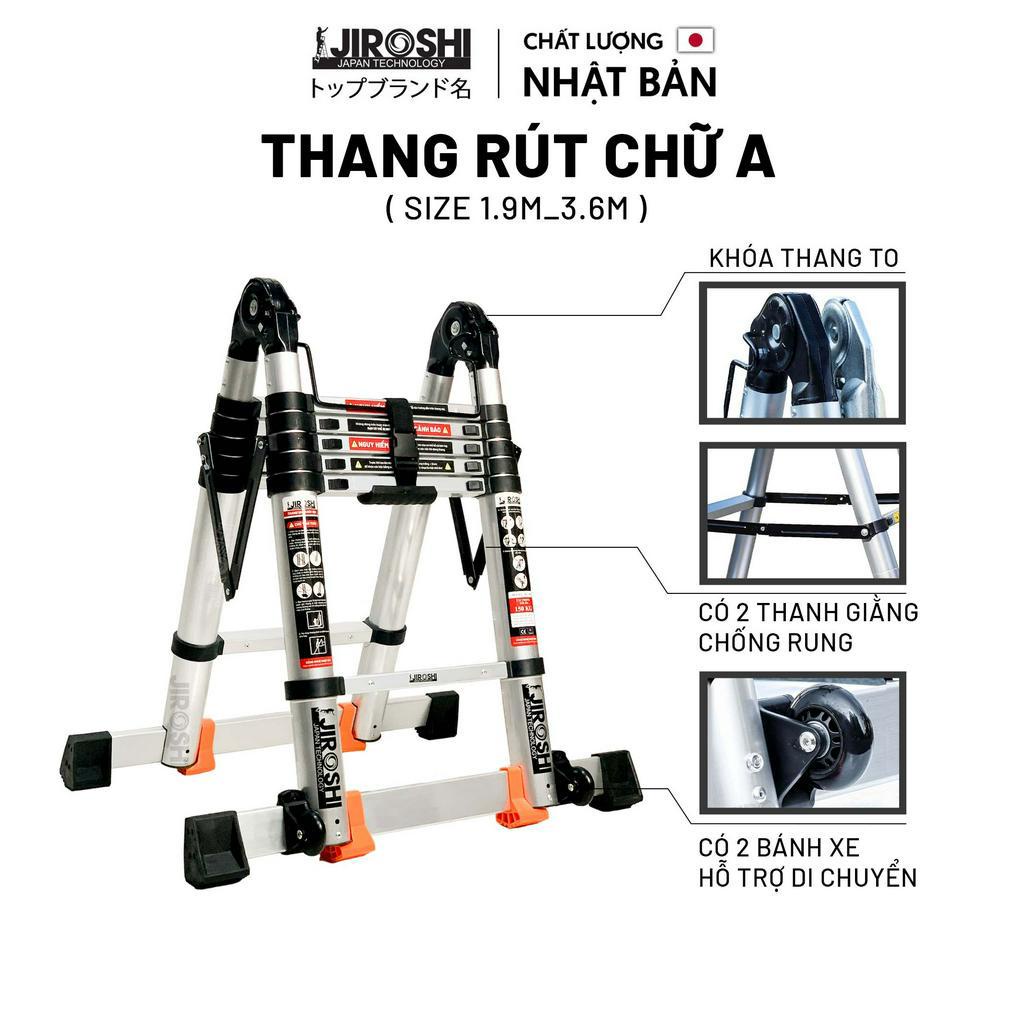Thang nhôm rút chữ A Jiroshi 3m8 - 5m - 5m6 - 6m4 - 7m2, thang xếp chữ A chữ I chất lượng cao new 2023 nhật bản