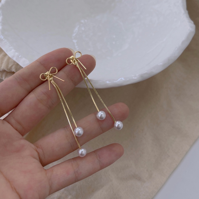 Bông Tai Dáng Dài Đính Ngọc Trai Và Nơ Tua Rua Cao Cấp Thời Trang Mùa Hè 2022 Dành Cho Nữ