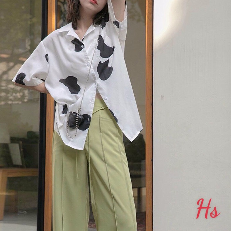 ÁO SƠ MI LOANG BÒ SỮA FORM RỘNG UNISEX - SƠ MI CỘC TAY LỠ HỌA TIẾT BÒ SỮA CÁ TÍNH | BigBuy360 - bigbuy360.vn