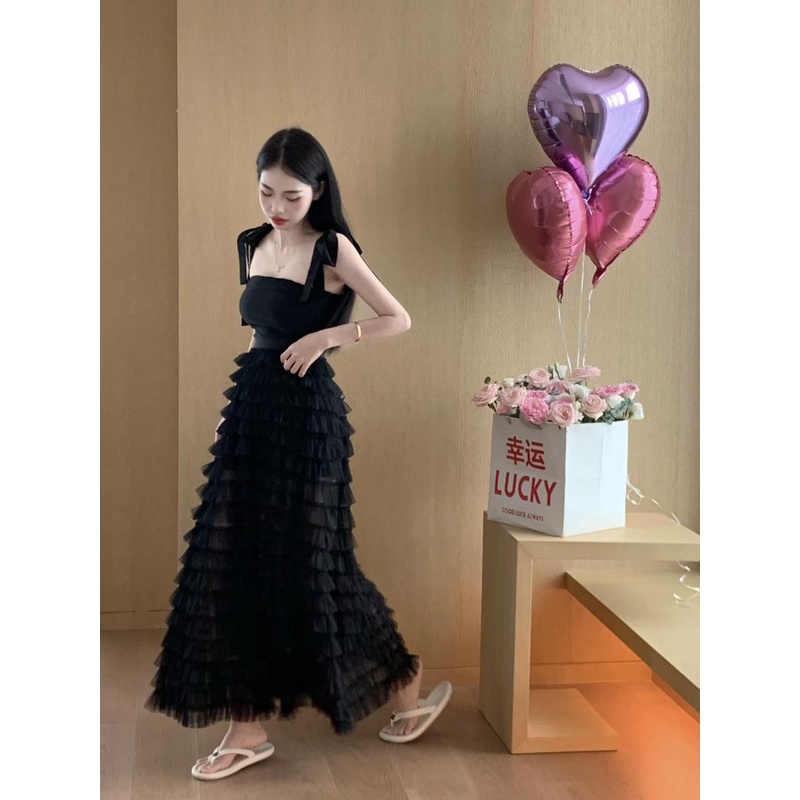Set Áo Thun Ngắn Tay + Chân Váy Yếm Lưng Cao Thời Trang Nữ