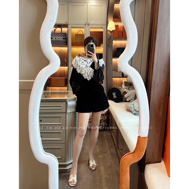 Sét áo nhung dài tay phối ren + quần sooc nhung