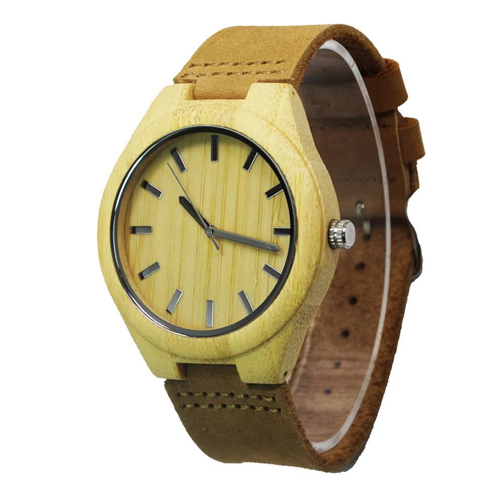 Wristwatch Male Handmade Wooden Quartz Watch Leather Strap Bamboo Wood