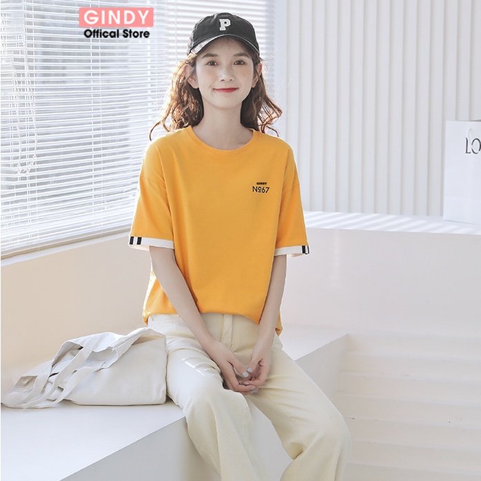 Áo thun nữ form rộng tay lỡ GINDY cổ tròn dáng basic unisex vải cotton co giãn, thoáng mát A6142