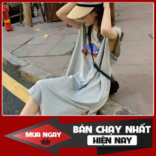 ĐẦM THUN NỮ DÀI XẼ TÀ FORM SUÔNG LOGO IN HÌNH PHONG CÁCH HÀN QUỐC NEW 2020 PF911E