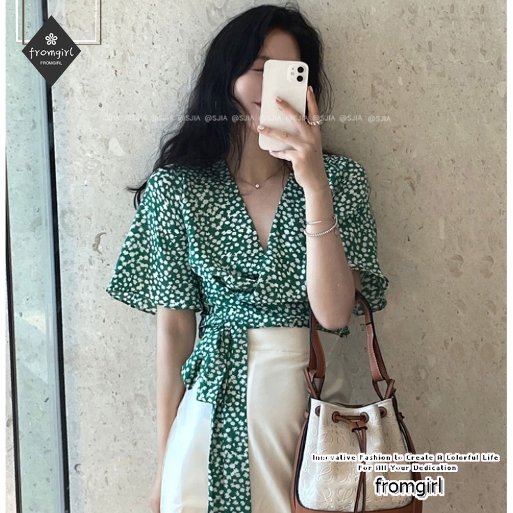 Áo Sơ Mi Ngắn Tay Cổ V Họa Tiết Hoa Phong Cách retro Nhật Bản Thời Trang Cho Nữ