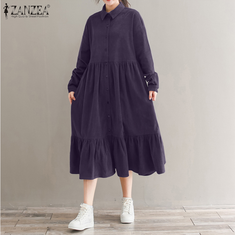 Đầm ZANZEA Tay Dài Cổ Bẻ Thiết Kế Xếp Ly Phong Cách Hàn Quốc Thời Trang Dành Cho Nữ