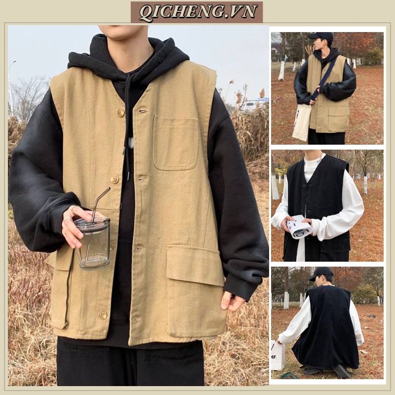 áo vest nam cargo Sát Form Rộng Màu Trơn áo vest Thời Trang xe tăng Nam Nữ