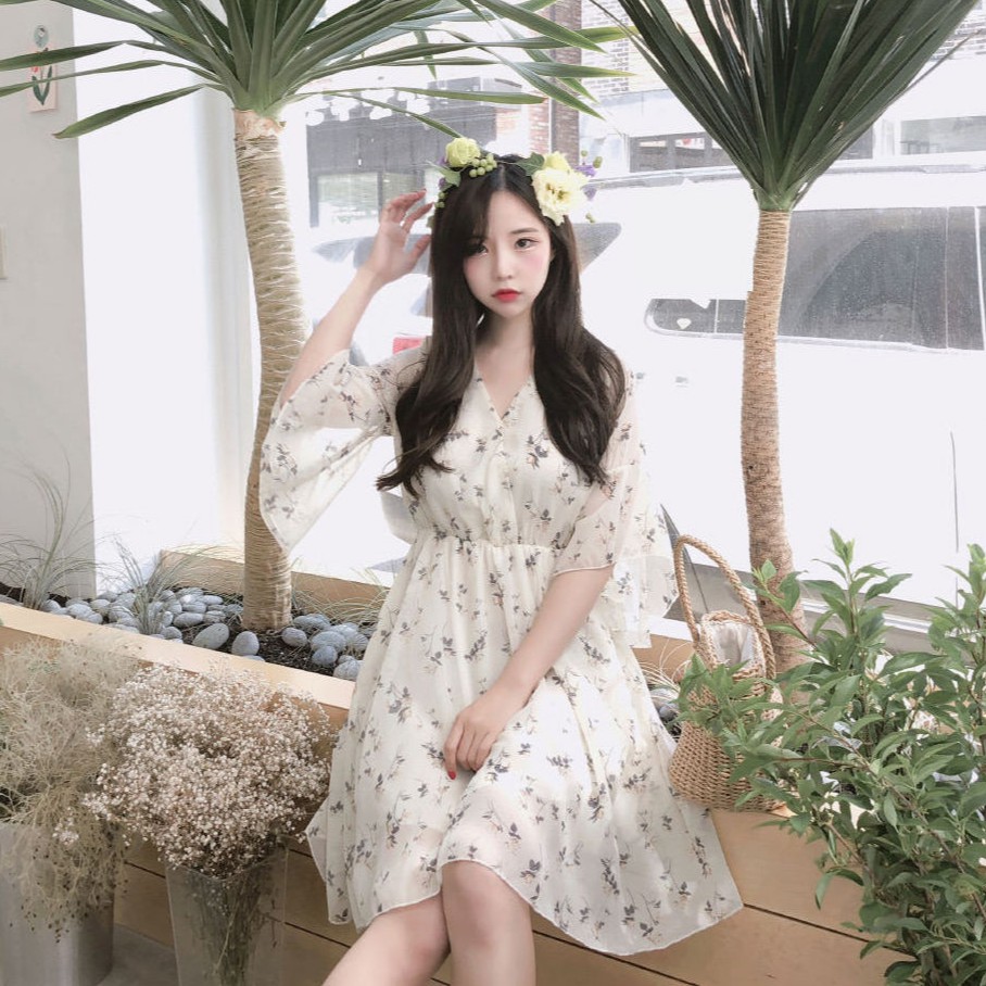 Đầm dáng xòe nữ hoa nhí tay dài Emilyshop