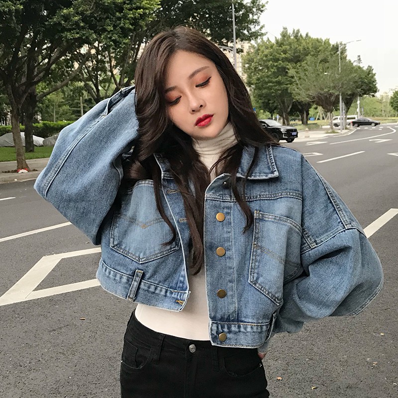 áo jean ulzzang áo khoác bò croptop áo khoác jean jeans ngắn jacket dày tay dài ống rộng