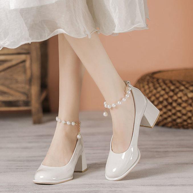 Giày Búp Bê Mũi Vuông Gót Vừa Dày Vừa Đính Ngọc Trai Phong Cách retro Pháp Thời Trang Mùa Xuân Hàng Mới Dành Cho Bạn Nữ