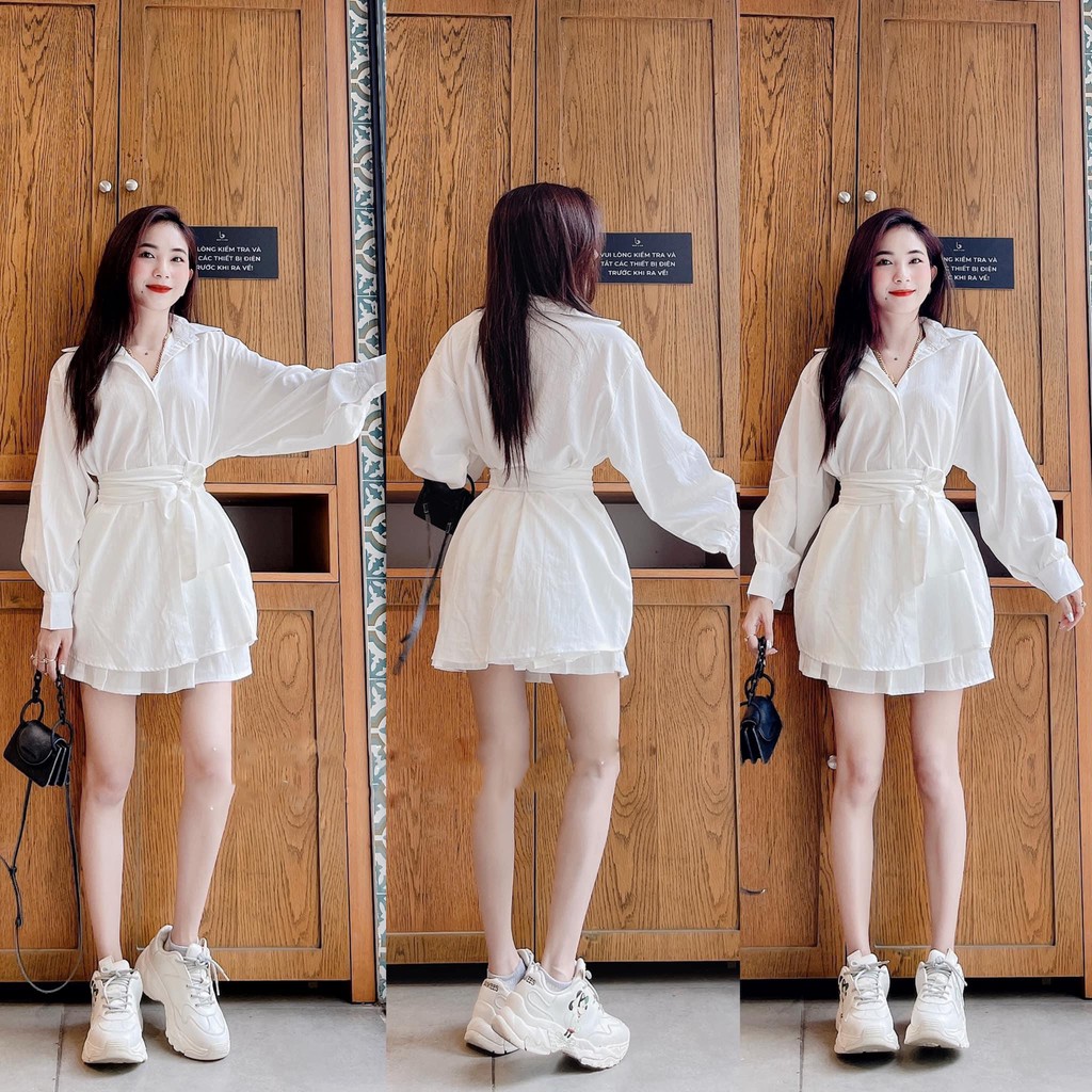 Bộ Váy Sơ Mi Trắng Dây Eo 🦋 Set Váy Đũi Dài Tay Kèm Chân Váy 🦋
