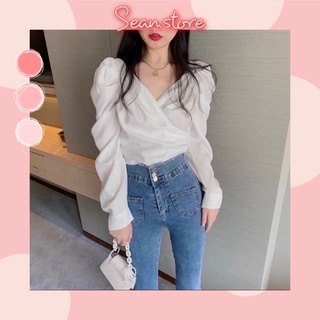 🖤 [SẴN] Áo Sơ Mi Nữ Trắng- Áo Cổ chữ V thắt nơ sau lưng sang chảnh Sean
