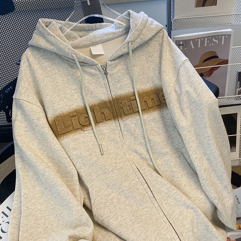 ZHELIHANGFEI Áo Khoác Cardigan Có Nón Tay Dài Dáng Rộng In Chữ Phong Cách Preppy