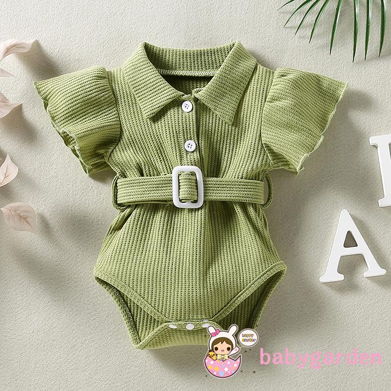 Bộ Áo Liền Quần Cổ Bẻ Màu Trơn Kèm Thắt Lưng Thời Trang Mùa Hè Cho Bé Gái 0-24 Tháng Tuổi