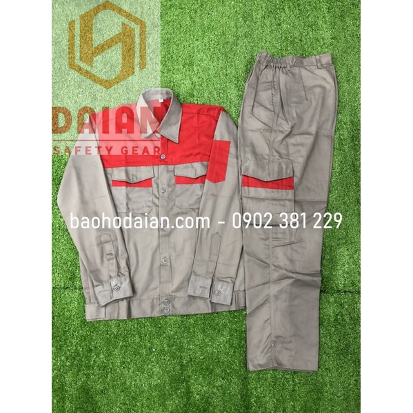 Quần áo bảo hộ lao động vải kaki 31 túi hộp màu ghi đất phối đỏ - M12