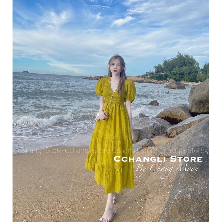 [ 𝐅𝐑𝐄𝐄 𝐒𝐇𝐈𝐏 ] VÁY MAXI CỔ V CHUN NGỰC XÒE TẦNG SIÊU XINH VẢI ĐŨI TƠ SỌC NHĂN QC