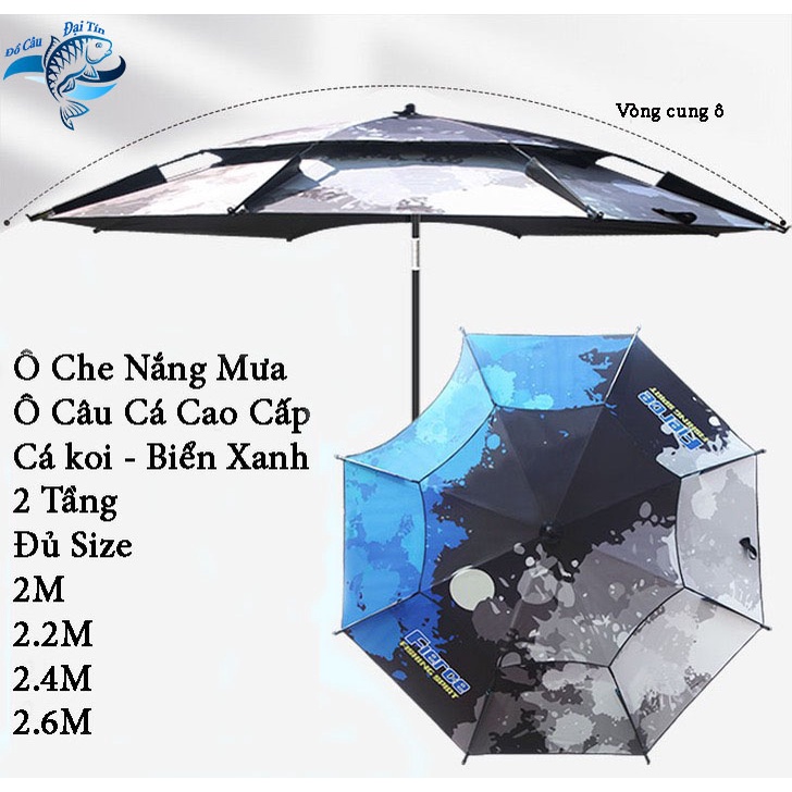 Ô Câu Cá Ô Dù Che Nắng Mưa 2 Tầng Cá KOI - Biển Xanh Dòng Cao Cấp Sang Trọng Có Size 2M và 2.6M - Đồ Câu Đại Tín