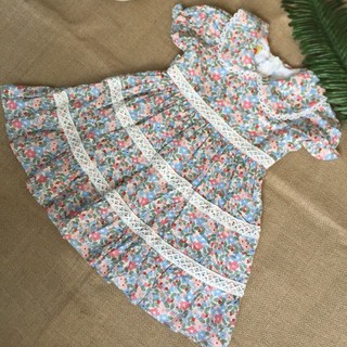 Váy đầm bông vải Kate dáng xòe họa tiết ren, tay phồng cổ sen dành cho bé gái từ 9 - 29kg - H&N Style