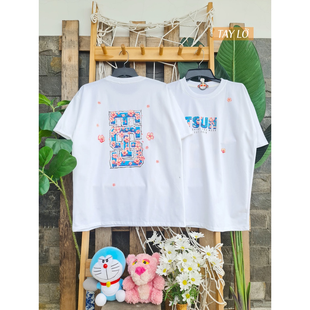 Áo phông áo thun nam nữ tay lỡ from rộng freesize chất cotton thoáng mát in hoa đào mokishop