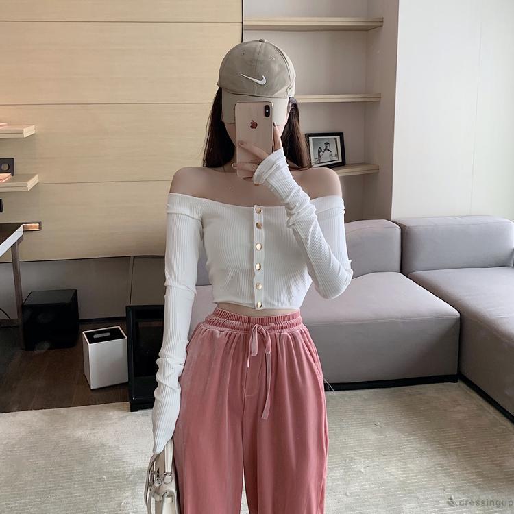 Áo Trễ Vai Tay Dài Phối Nút Thiết Kế Màu Trơn Thanh Lịch Cho Nữ