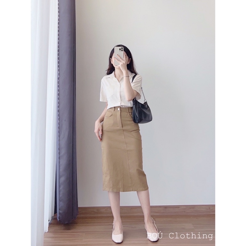 Chân váy kaki dáng dài xẻ sau dành cho nữ