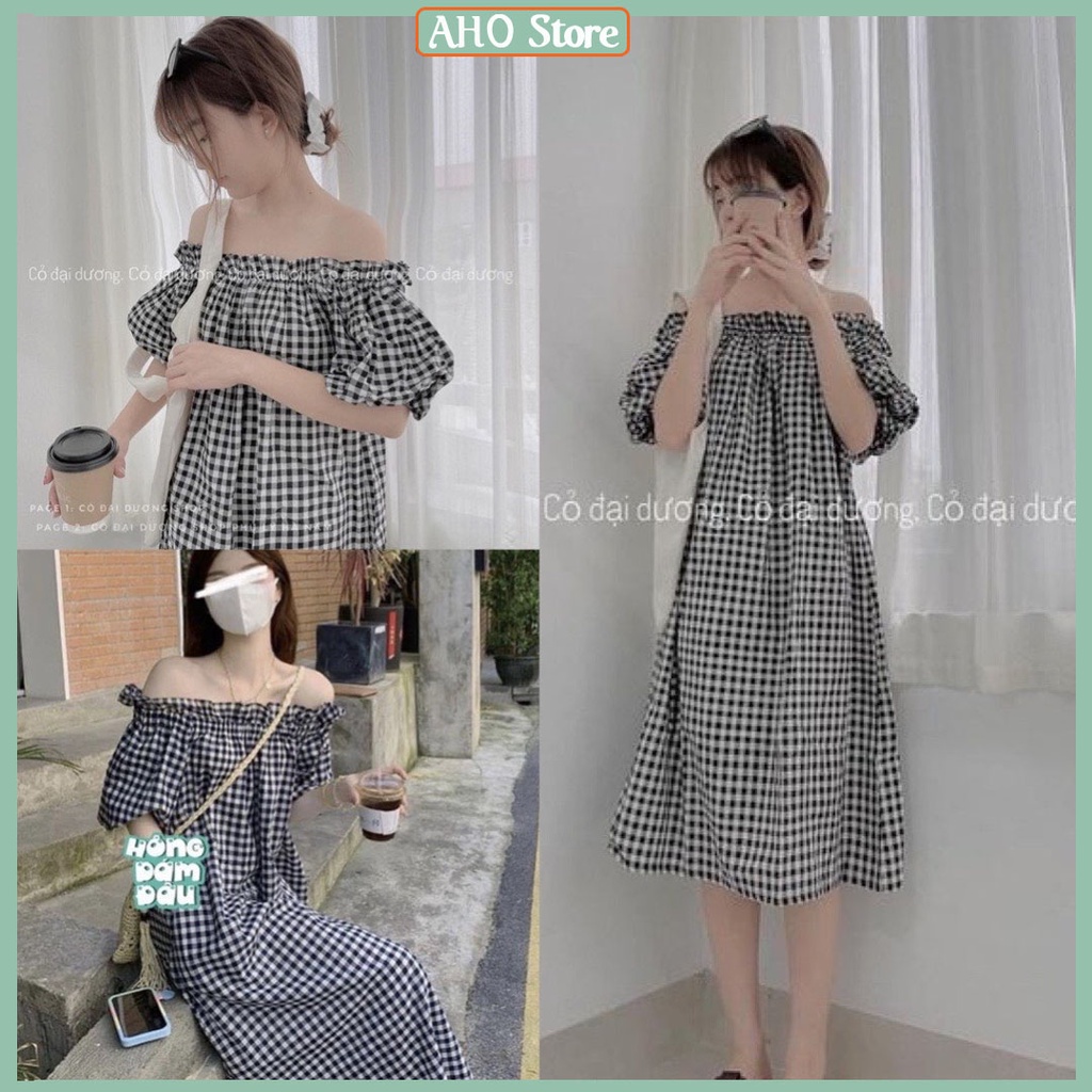 Váy Suông Dáng Dài Trễ Vai Kẻ Caro Đen Trắng Đầm Nữ Tay Phồng Trễ Vai Form Suông Rộng Freesize