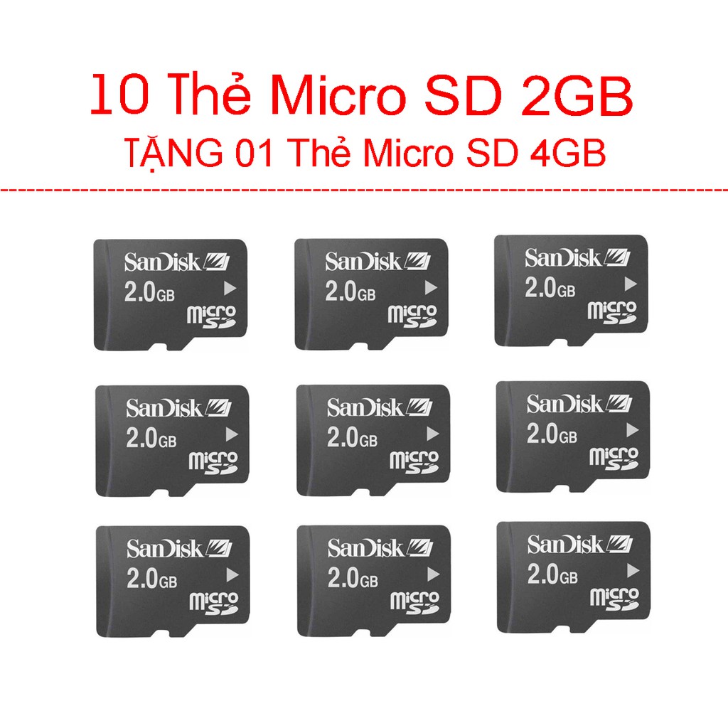 Combo 10 Thẻ Micro SD 2GB Tặng 01 thẻ Micro SD 4GB