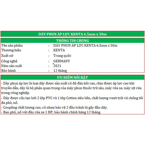 Dây phun áp lực dùng cho máy bơm xịt rửa cao áp hiệu KENTA 6.5mm x 50m|  Công nghệ GERMANY | Bảo hành 12 tháng | Dây hơi