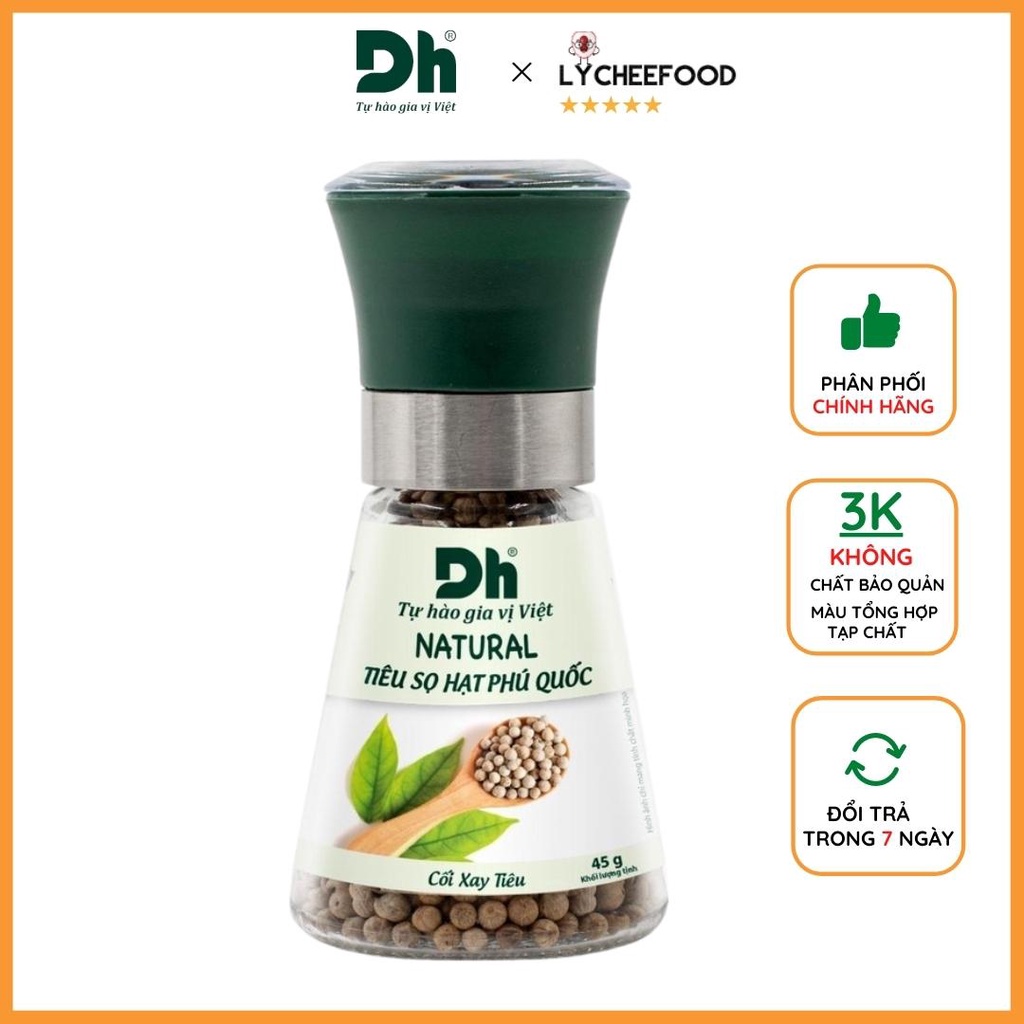 Tiêu sọ hạt Phú Quốc Natural DH Foods chế biến món ăn dạng cối xay 45gr - Chính Hãng