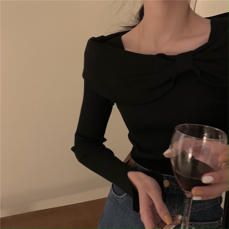 Áo sweater dệt kim dài tay dáng ôm đính nơ quyến rũ cho nữ