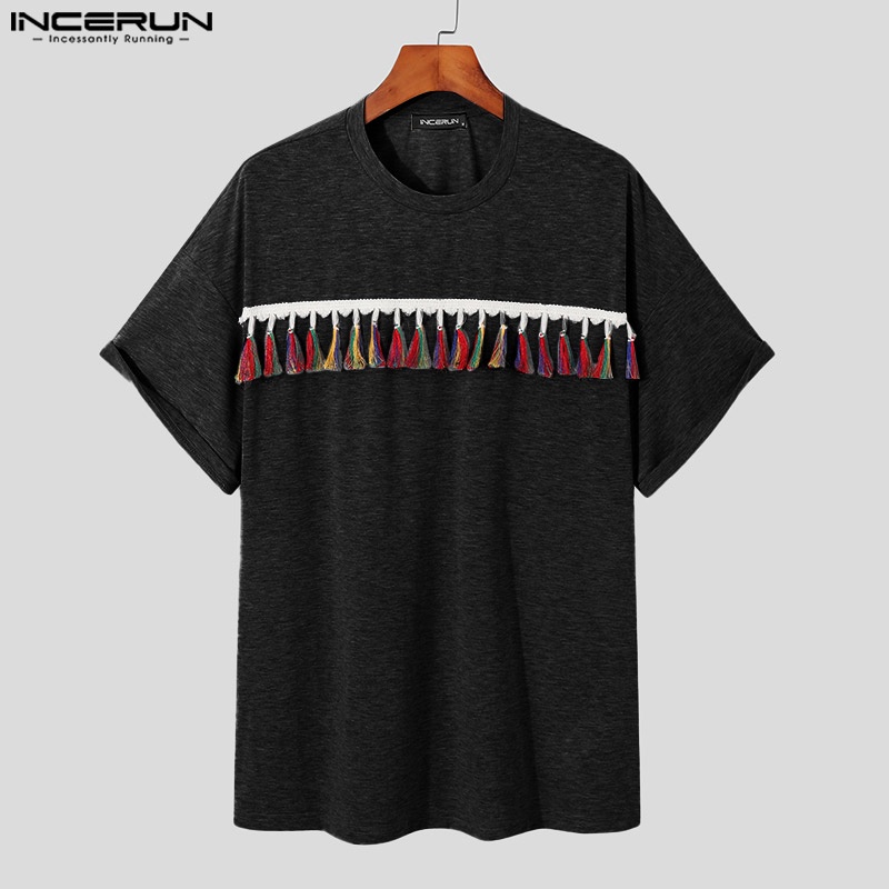 Áo thun INCERUN ngắn tay phối tua rua nhiều màu sắc phong cách dân tộc cho nam