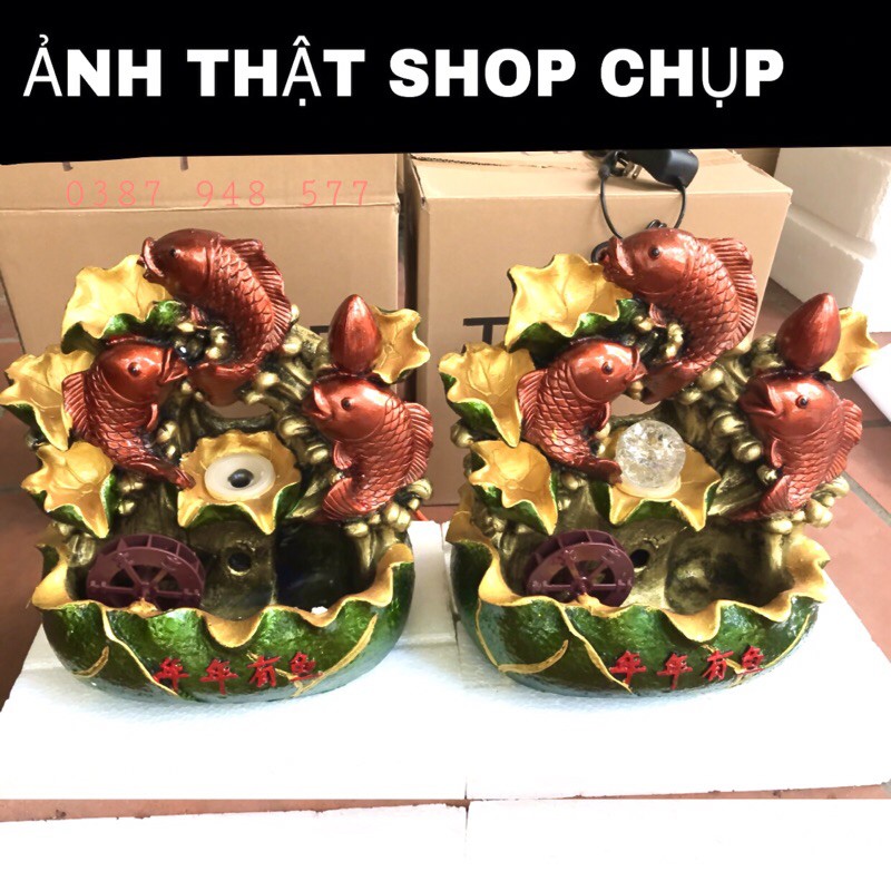 Thác nước phong thuỷ để bàn và đài phun nước lá sen với cá chép vượt ngũ môn màu vàng ,kích thước 29 x 20 x 31cm | BigBuy360 - bigbuy360.vn