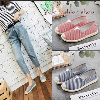 [Hình thật] GL2 Giày lười slip on nữ kẻ ngang bọc cói vintage thời trang