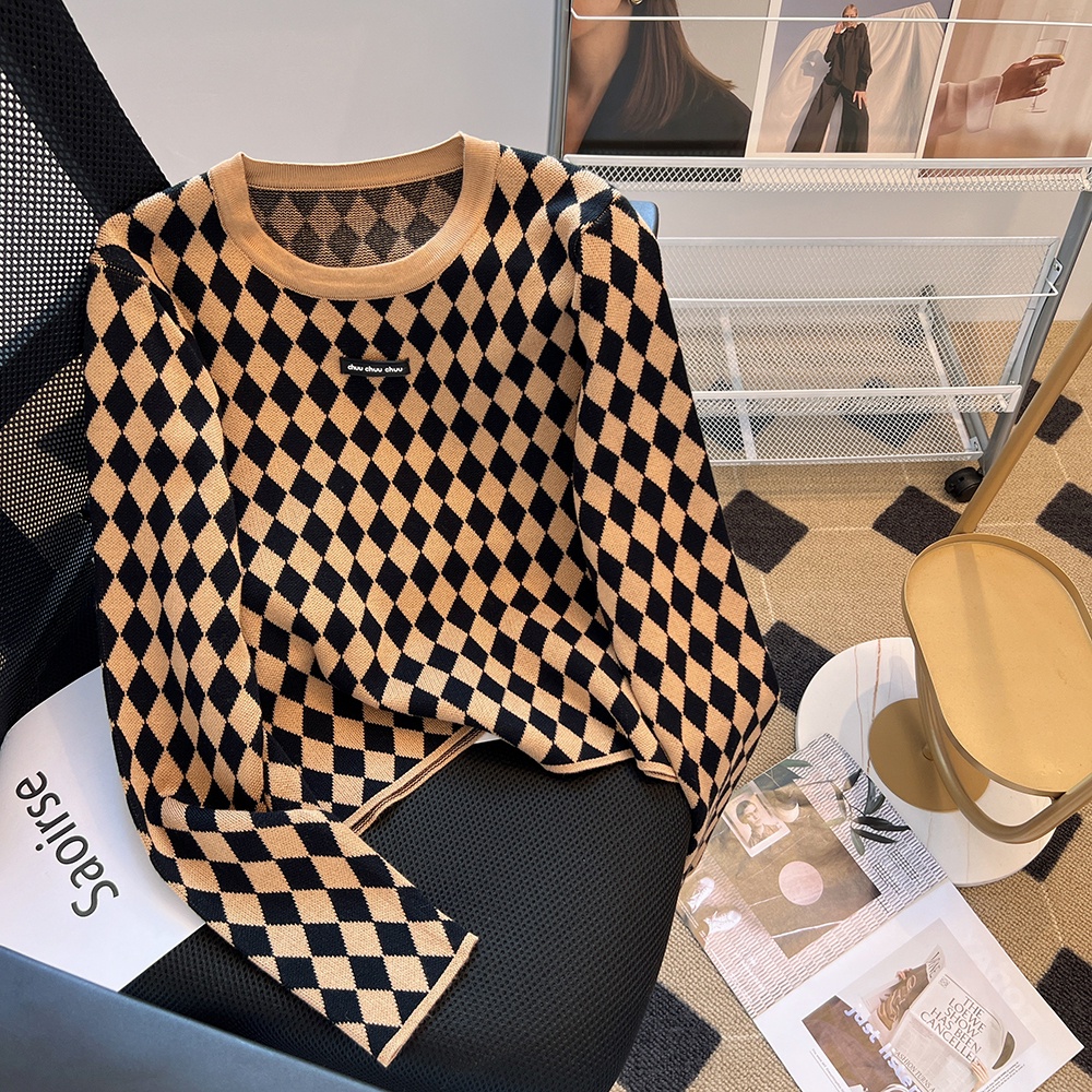 Rhomb Áo sweater Dệt Kim Tay Dài Dáng Ngắn Thời Trang Mùa Thu Cho Nữ