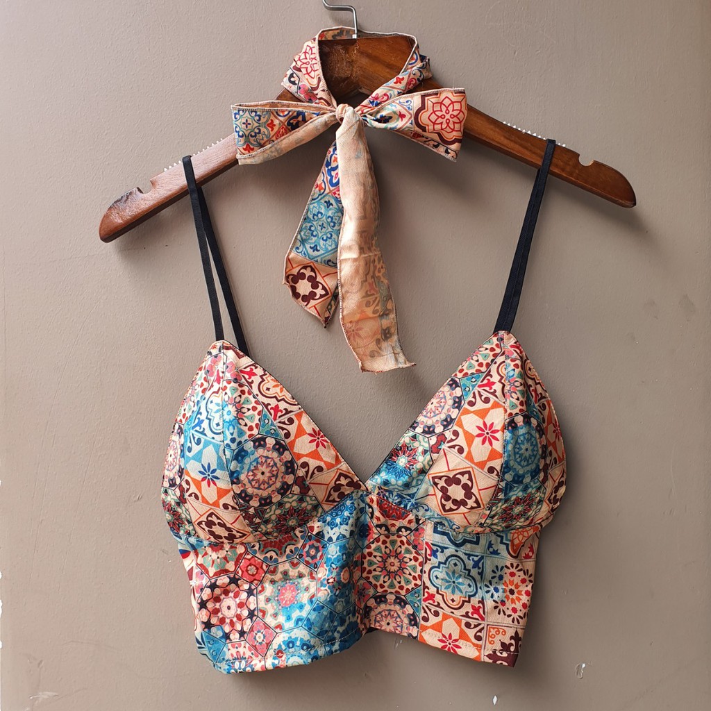 [Mã FASHIONMALLT4 giảm 15% đơn 150k] Áo toplette lụa có mút mỏng không gọng họa tiết vintage COKIM7 | BigBuy360 - bigbuy360.vn