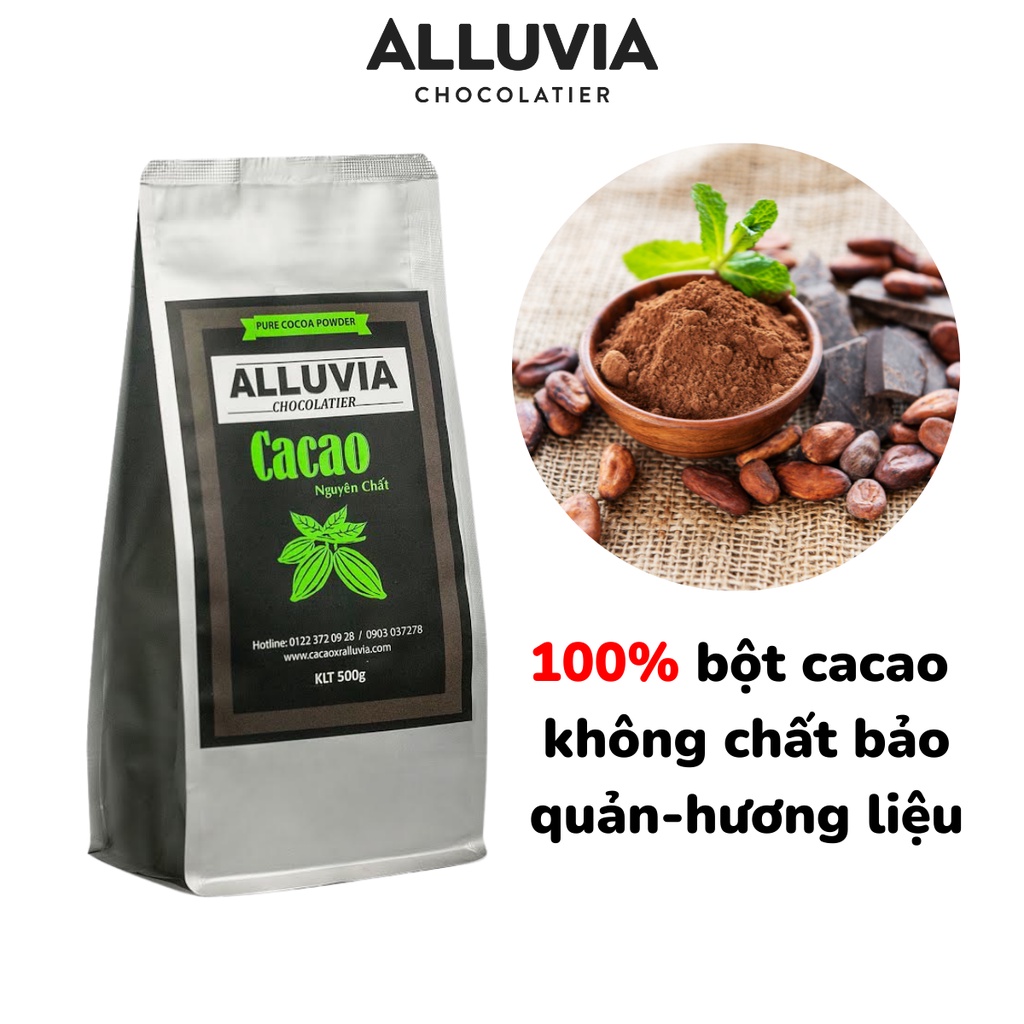 Bột ca cao nguyên chất không đường 100% Alluvia gói lớn 500 gram Dòng thượng hạng 20% bơ cacao tự nhiên