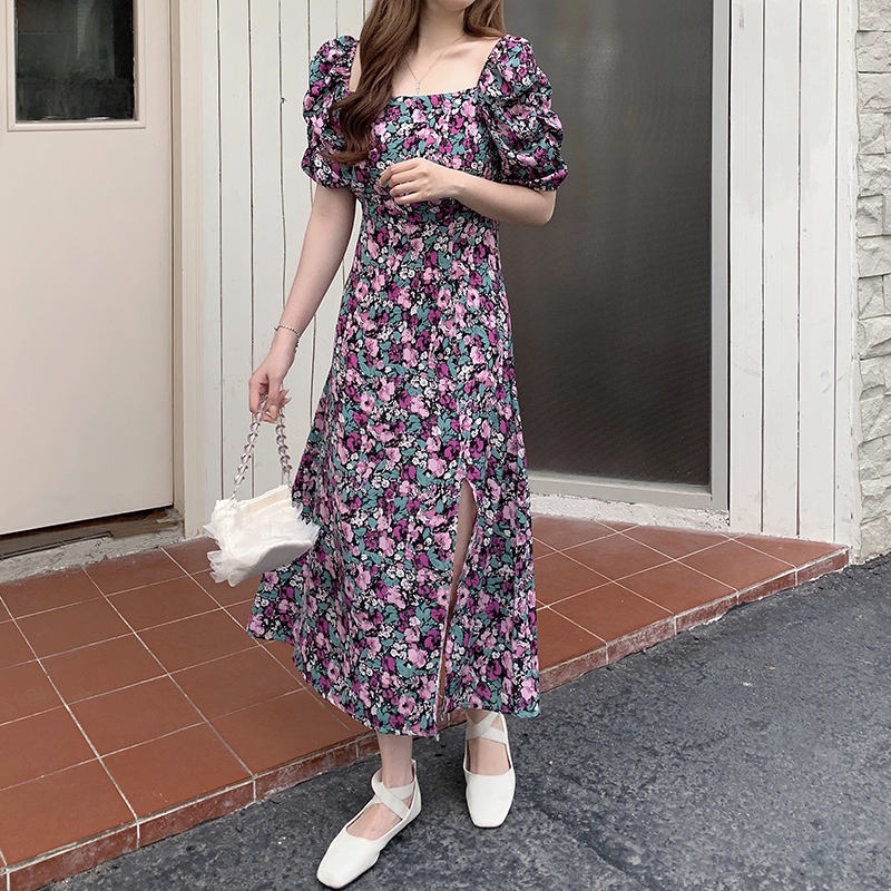 SUXI Đầm Nữ Ngắn Tay Cổ Vuông Họa Tiết Hoa Thời Trang