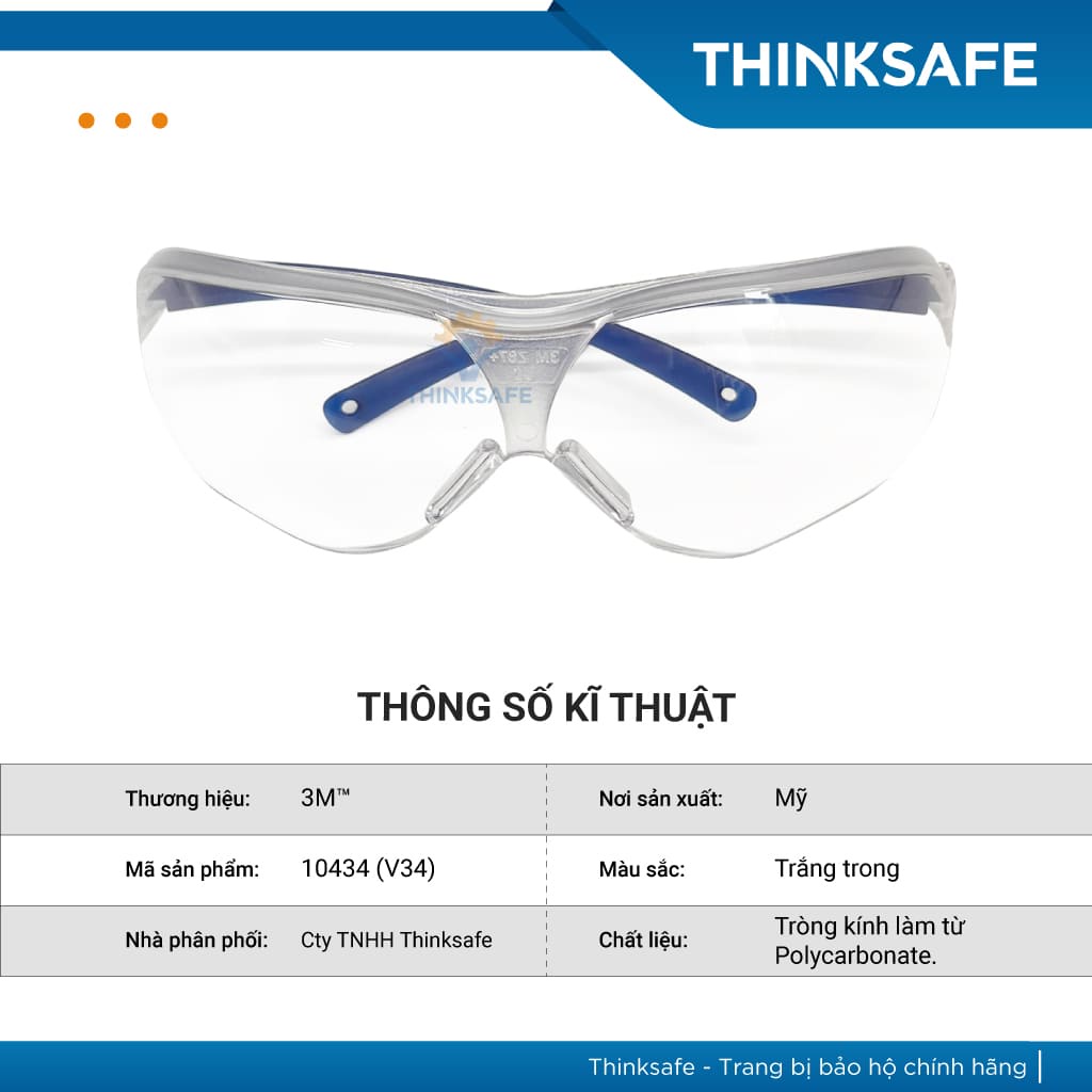 Mắt kính bảo hộ 3M V34 chống bụi chống đọng sương / chống tia UV / trong suốt Kính chống bụi đi xe máy - THINKSAFE