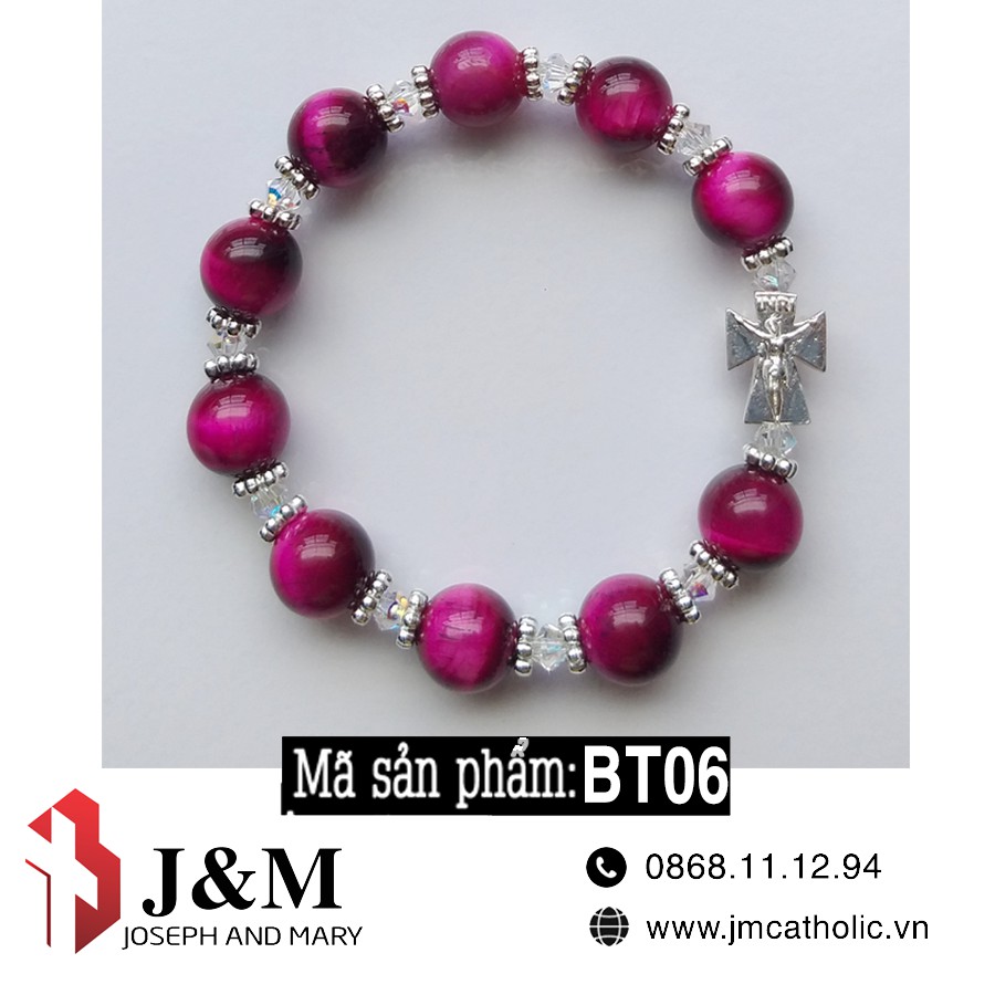 Chuỗi Mân côi Tràng hạt deo tay MH mau hồng Thánh Giá sang trọng 10mm