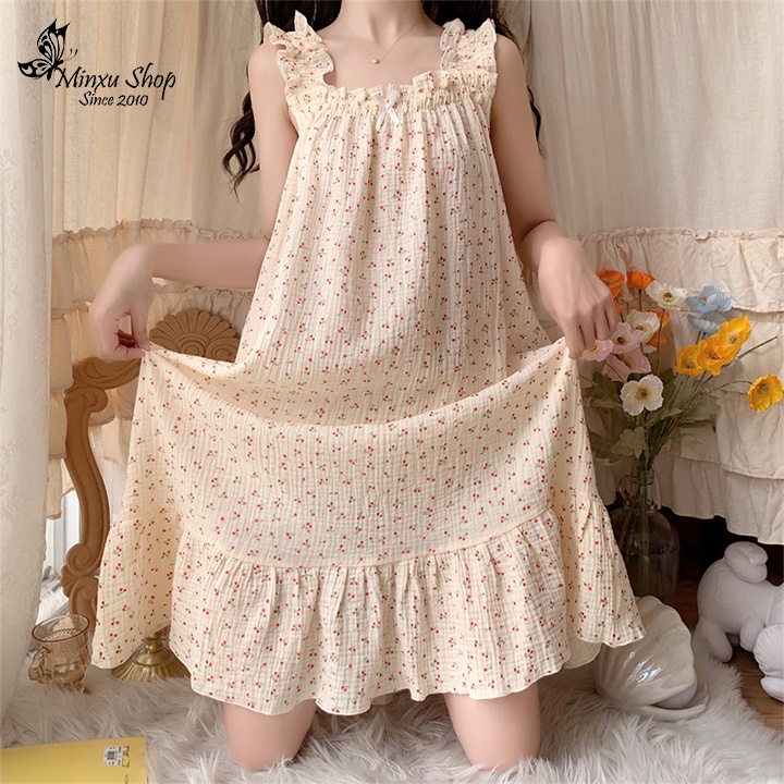 Đầm ngủ mặc nhà hai dây pijama chất vải xốp nhẹ mát, họa tiết xinh xắn Minxu shop V925
