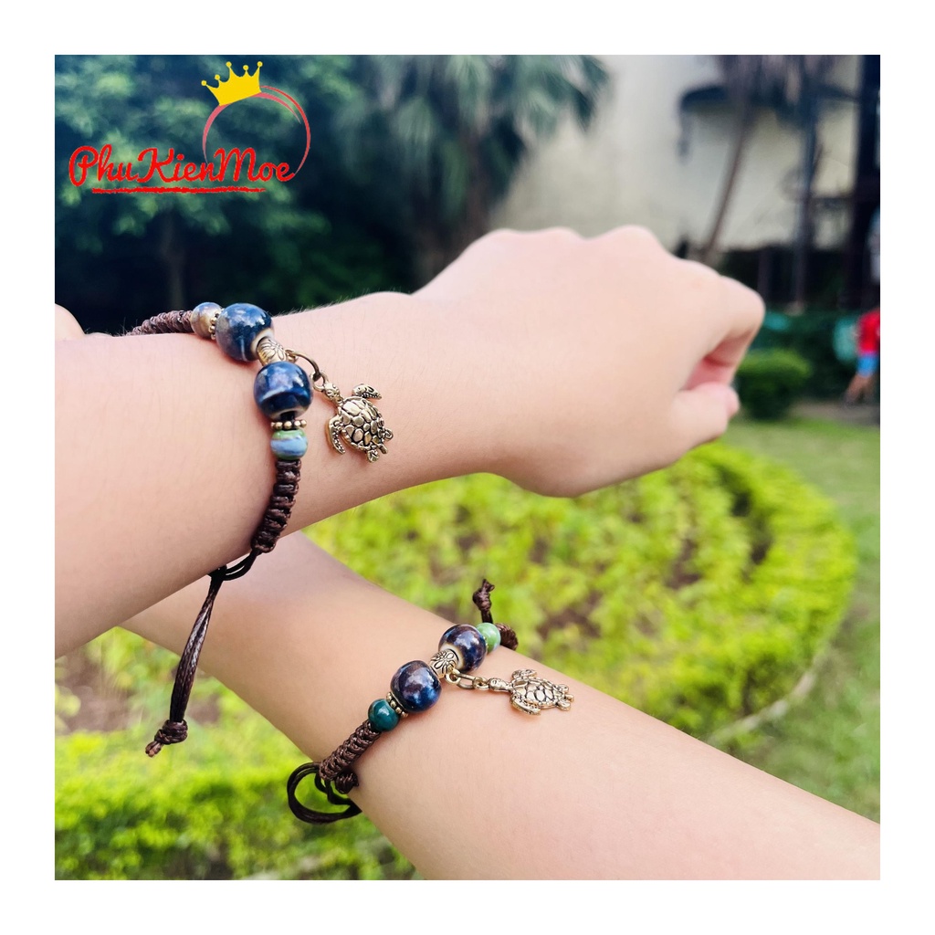 Vòng tay dây rút hình rùa biển hạt thổ cẩm PhuKienMoe handmade