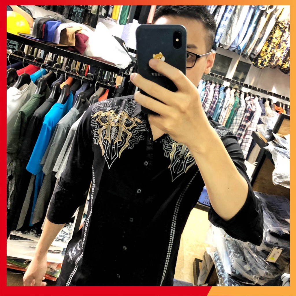 Áo sơ mi nam dài tay đen trắng in hình đại bàng chất cotton lụa form ôm body (sỉ inbox)
