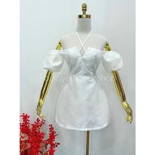 Váy tafta tay bồng dây cổ (đen/trắng)