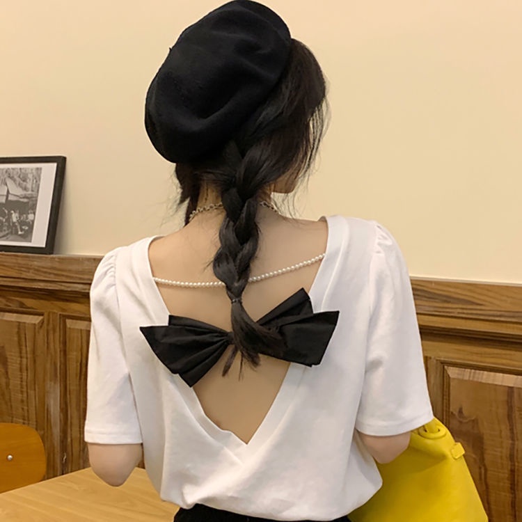 Áo thun tay phồng hở lưng phối nơ phong cách Hàn Quốc thời trang mùa hè mới cho nữ