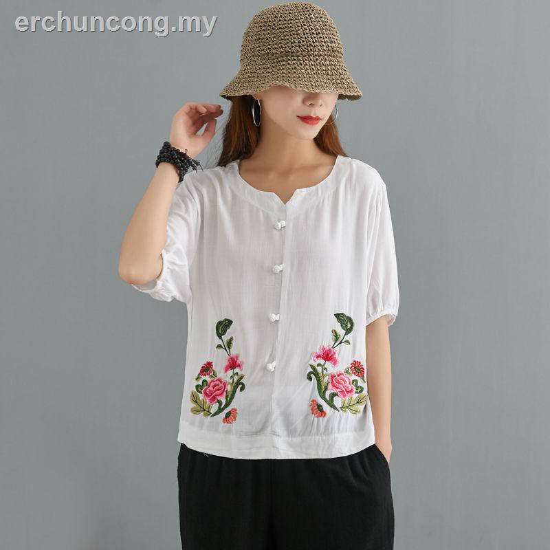 Áo Thun Cotton Lanh Tay Ngắn Dáng Rộng Thêu Họa Tiết Dân Tộc Mẫu Mới 2020 Phong Cách Retro Thời Trang Xuân Hè Cho Nữ