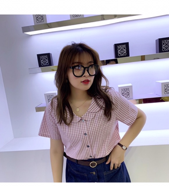 Áo sơ mi nữ caro big size tay ngắn cổ sen 2 tầng size 65-100kg