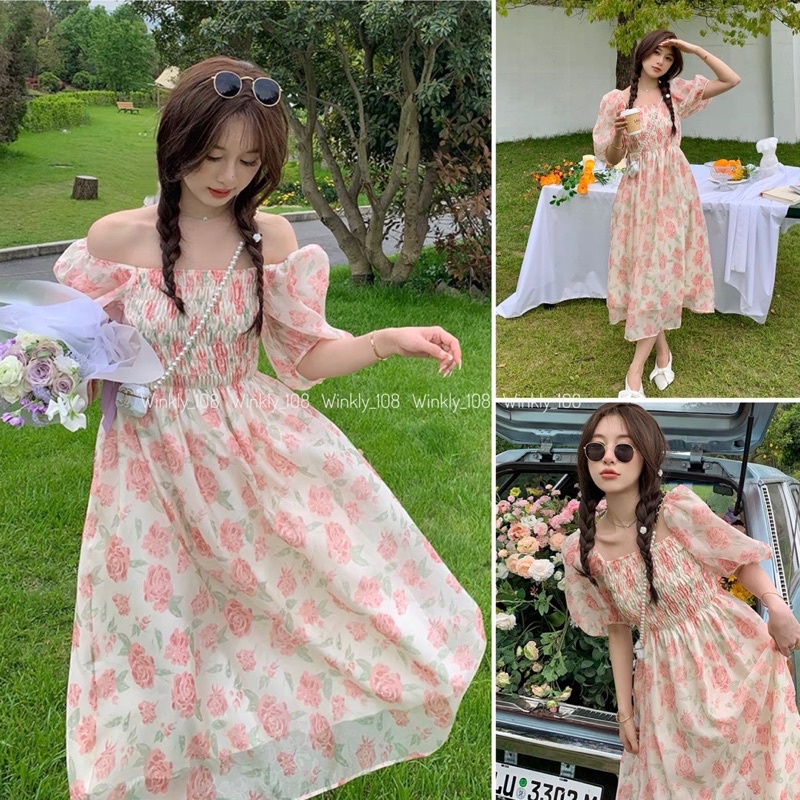 Đầm hoa nhí vintage tiểu thư dáng dài nhún ngực hoa hồng - Váy voan hoa nhí tay bồng tiểu thư nhún ngực