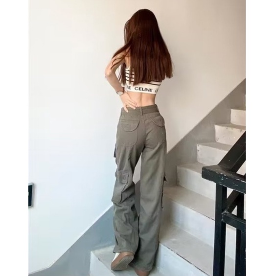 quần tây nữ unisex quần túi hộp phong cách Hàn Quốc cargo pantstrẻ tuổi Quần ống rộng chất đũi cao cấp quần baggy nam